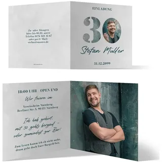 Personalisierte 30. Geburtstag Foto Einladungskarten im "Fotozahl" Motiv, quadratische Klappkarte, 300g/qm Kartonpapier, detaillierter Druck
