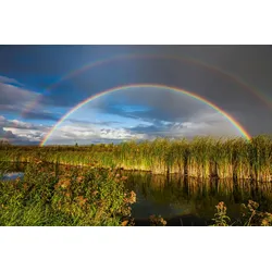 Fototapete PAPERMOON "REGENBOGEN ÜBER FLUSS-LANDSCHAFT NATUR HIMMEL WOLKEN", bunt, B:4,00m L:2,60m, Vlies, Tapeten