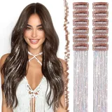 FESHFEN Clip in Hair Tinsel, 12 Stück Silber Glitzer Haarsträhnen Kit Glitzersträhnen FesteParty Haartinsel Haarverlängerungen Fairy Hair für Mädchen, 50 cm