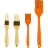 4St Backpinsel zum Kochen und Backen, Backpinsel Silikon Lebensmittel Pinsel Silikon Backpinsel Borsten mit Buchen Hartholzgriff für Küche Grillen Verteilen von Öl Soße Butter (Orange)