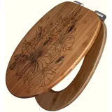 Banjado WC Sitz Bambus Holz Mit Gravur Toilettendeckel Mit Absenkautomatik Klodeckel WC-Sitz Soft Close Mit Motiv Hibiskus