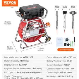Vevor Kanalkamera, 100m Rohrinspektionskamera mit 10,1 Zoll Touchscreen