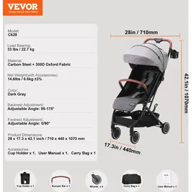 Vevor Kinderwagen 71 x 44 x 107cm, mit 95°-175° verstellbarer Rückenlehne und 0/90° verstellbarer Fußstütze und Ein-Klick-Faltfunktion, Kinderbuggy mit Getränkehalter und Tragetasche, Dunkelgrau