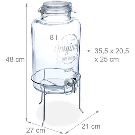 Relaxdays Getränkespender mit Ständer, Limobehälter 8 L, Zapfhahn, Wasserspender, Glas, Bügelverschluss, transparent