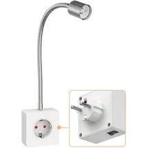 ledscom.de Steckdosenleuchte/Leselampe LESCH, Schwanenhals, Schalter, chrom/weiß, 1x GU10 max. 10W