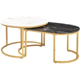 [en.casa] Couchtisch 2er Set Oppeerg Beistelltisch, Wohnzimmertisch mit Metallgestell Satztisch Sofatisch Marmoroptik, schwarz-weiß/Gold