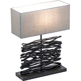 GLOBO Tischleuchte Tischlampe Beistelllampe Holzlampe Schreibtischlampe Wohnzimmerlampe, Holz schwarz Stoff grau, E27, H 50 cm