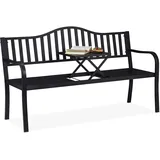 Relaxdays Gartenbank mit klappbarem Tisch, 3-Sitzer, stabil, Garten, Metall Balkonbank, HBT 89 x 150 x 58,5 cm, schwarz