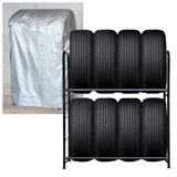 AufuN Reifenregal Reifenständer für 8 Reifen, Lagerregal Schwerlastregal Werkstattregal in Zwei Schichtenn, Schwarz Pulverbeschichtet Rostschutz mit Schutzhülle, Tragkraft 180KG, 107×46×117 cm