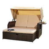 Rattan Sonnenbett + Dach Rattan Strandkorb Sonnenliege Liegebett Relaxliege Grau