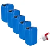 kanister-vertrieb® 5 Stück 25 L Kanister Wasserkanister Kunststoffkanister blau DIN61 + Hahn/BPA-frei+ Etiketten