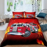 Loussiesd Feuerwehrmann LKW Bettbezug Set Kinder Feuerwehr Auto Fahrzeug Bettwäsche Set 135x200cm für Jungen Mädchen Kinder Schlafzimmer Dekor Feuerwehr Muster Betten Set Rot Mit 1 Kissenbezug