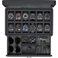 ROTHWELL Luxus Uhrenbox für 12 Uhren - PU Leder Uhrenbox mit Echtglasdeckel - Ausziehbare Zubehörschublade mit mehreren Fächern (Carbon)