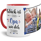 Tassendruck Fototasse mit Spruch für Opa - Glück ist, jemanden wie Dich zu haben - zum Selbst gestalten mit 2 Fotos, Innen & Henkel Rot, 300 ml