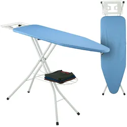 Relaxdays Bügelbrett für Dampfbügeleisen, 120 x 38 cm, höhenverstellbar, klappbar, Kleiderablage, Bügeltisch, blau