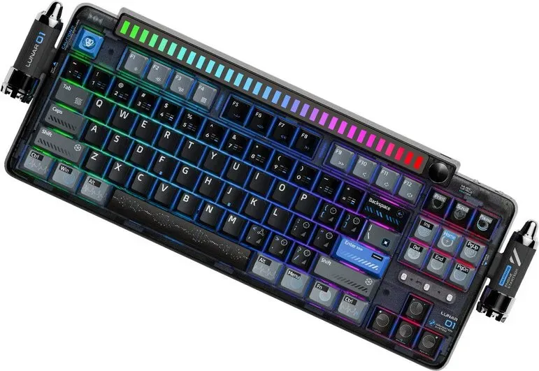 KEYSME Lunar 01 80%-Tri-Mode mechanische Tastatur, US-QWERTY-Layout, Gasket-Mount-Tastatur mit Rhythmusbeleuchtung, Hot-Swap-Schalter, programmierbarer Drehregler, PBT-Tastenkappen & 4000-mAh-Akku, Schwarz