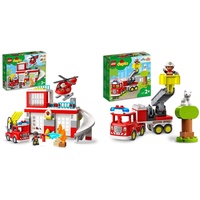 LEGO 10970 DUPLO Feuerwehrwache mit Hubschrauber, Feuerwehr-Spielzeug für Kleinkinder ab 2 Jahre mit Feuerwehrauto & 10969 DUPLO Town Feuerwehrauto Spielzeug