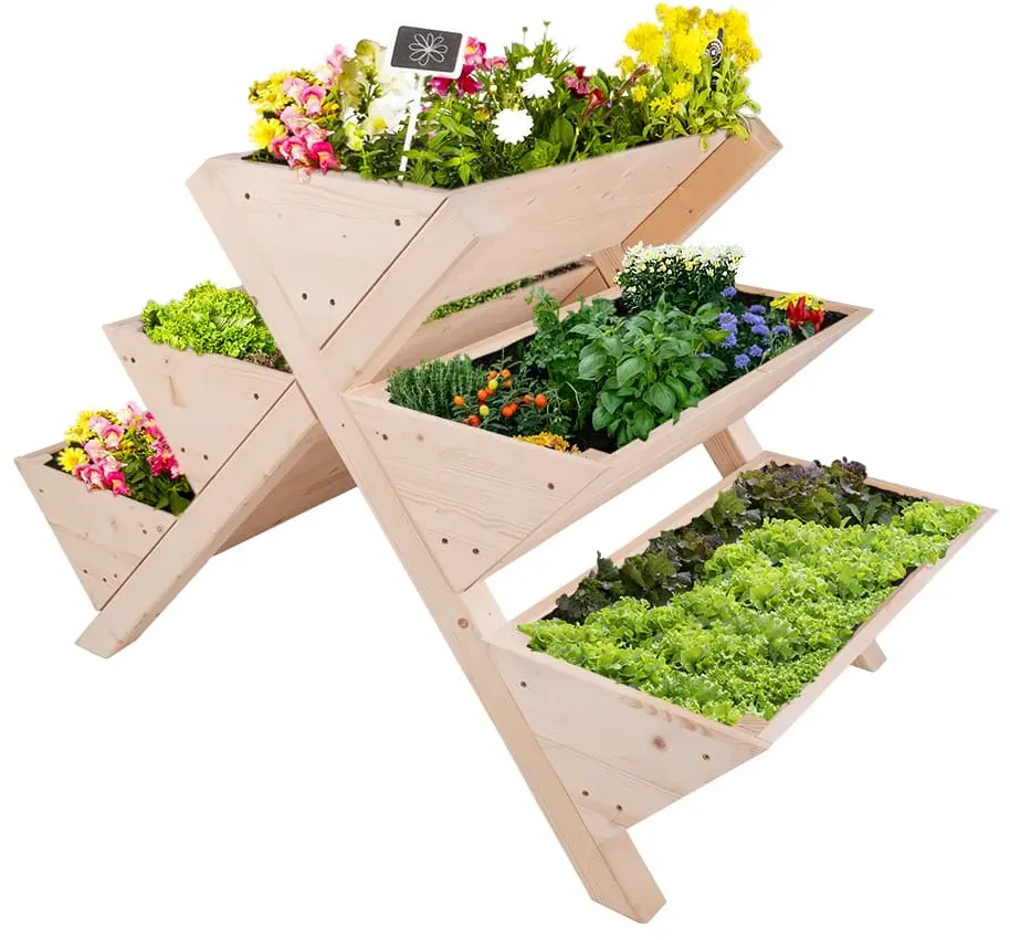 empasa Stufen Hochbeet LEVEL (121 x 80 x 80 cm) - aus Tannenholz Naturholz - Kräuter und Gemüse - Blumenkasten Balkonbeet Gartenbeet Kräuterbeet