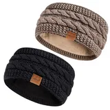 Hatromm Stirnband Damen Winter Wolle 2 Pack, Ohrenwärmer Damen Stirnband Gestrickt Dick mit Fleece Gefüttert, Haarband Damen Kaltes Wetter Warme Ohrenschützer(Schwarz+Khaki)