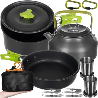 Camping-Kochset für 2 Personen 18-Teilig Topf Pfanne Kessel Faltbares Besteck Antihaft Edelstahl Outdoor 23667 - Grün/Schwarz