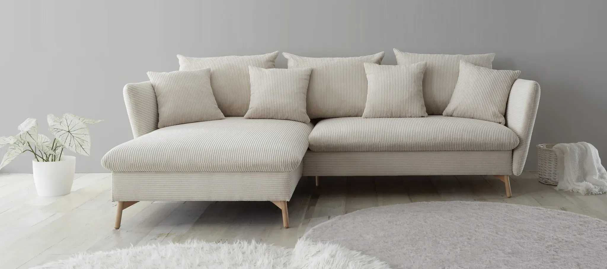 Ecksofa ANDAS "MERLE, 258 cm, L-Form, traumhafter Cord", beige, B:258cm H:91cm, 100% Polyester, Federung Ottomane : 12 x Feder Type B 1650mm, Ferderung 2 Sitzer: 10 x Feder Type B 650 mm, PU-Schaum und Nosag-Federung, Sitz und Funktion: Schaum T30/40 8 cm, Sofas, mit Bettfunktion und Bettkasten, Liegefläche 224 x 139