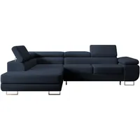 Selsey Stevil - L-Sofa mit Schlaffunktion, Bettkasten, Ottomane links, Veloursbezug Dunkelblau