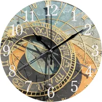 BKEOY Wanduhren mit Vintage-Maleroberfläche, Prag, antike Astronomische Uhr, Muster, geräuschlos, nicht tickend