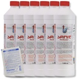 DEWEPRO-Set: SANIT RohrBombe (3066) - 6 Flaschen à 1000ml - Der alternative Rohrreiniger - säurefrei löst er Verstopfungen, insbesondere verursacht durch Haare - inkl. 1 St. DEWEPRO® Single Scrubs