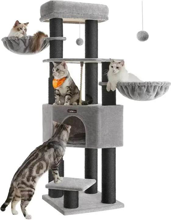 Feandrea robuster Katzenbaum 50 x 50 x 160 cm selbstwärmende Polster Grau-Schwarz
