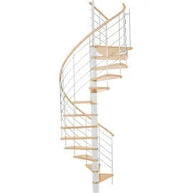 Minka Spindeltreppe Venezia Buche keilgezinkt mit Massivholzhandlauf und UK in weiß Ø120cm bis 309,4cm Geschosshöhe