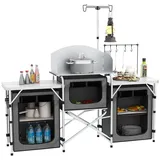 Outsunny Campingküche klappbar, Outdoor Küche mit Windschutz, 3 Schränkfach, 3 Arbeitsplatten, Verstellbar Lichtständer, für Camping, Garten,