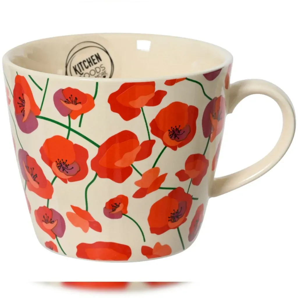 Decoris Tasse 8cm Porzellan Teetasse mit Henkel und Mohnblumen Motiv Porzellantasse Kaffeetasse Kakaotasse Keramiktasse Tassen Becher Trinkgeschirr Rot Beige