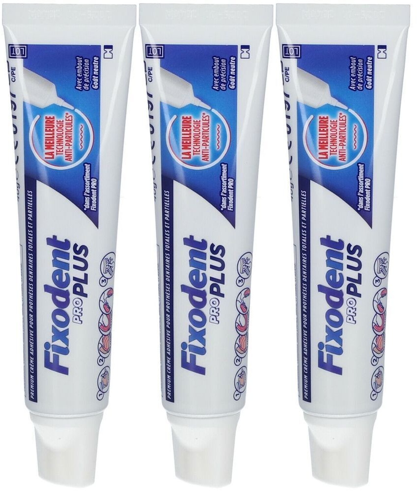 Fixodent Pro Plus La Meilleure Technologie Anti-Particules Crème adhésive Premium pour prothèses dentaires 3x40 g crème