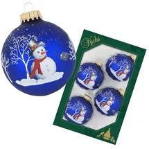 Krebs Glas Lauscha - 4 blaue Christbaumkugeln mit Schneemanndekoration - 7 cm - 4 Stück