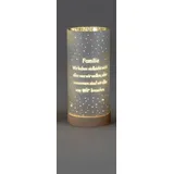 Formano Frühlingsdekoration 1 Stück Deko-Licht 15cm mit Spruch und Timer - silber mit holzsockel, Spruch: Famlie-wir haben vielleicht nicht alles..