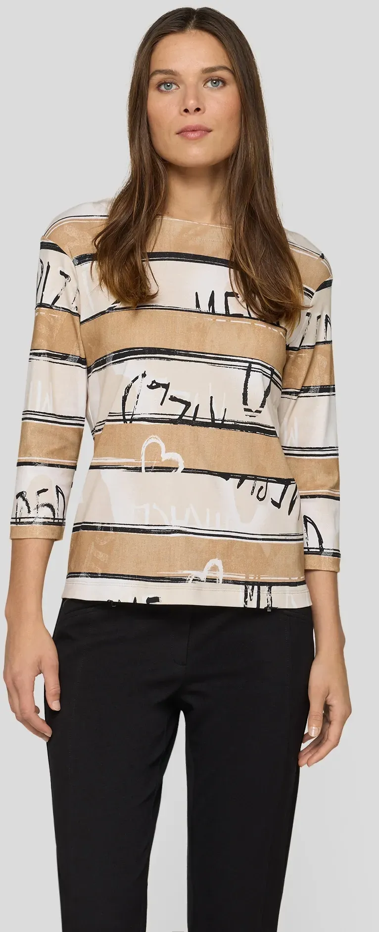 3/4-Arm-Shirt RABE, Damen, Gr. 46, mandel, Jersey, Obermaterial: 100% Baumwolle, bedruckt, regular fit normal, Rundhals, gerader Abschluss, Shirts 3/4-Arm-Shirt, mit All-Over Schriftzüge