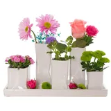 H&D Manufaktur Jinfa Handgefertigte kleine Keramik Deko Blumenvasen Set aus 5 Vasen in weiß auf einem Tablett
