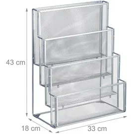 Relaxdays Zeitschriftenhalter Metall, 4 Fächer, Dokumentenablage Büro, HBT: 43x33x18 cm, Magazinhalter, Briefe, Silber