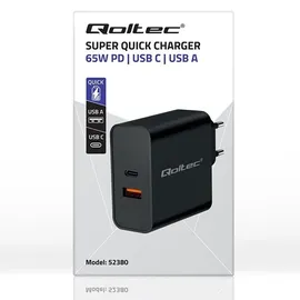 Qoltec Super Quick Pd Ladegerät, 1xusb-c 1xUSB 65W 5-20V 1.5-3.25A Laptop Smartphone Schwarz