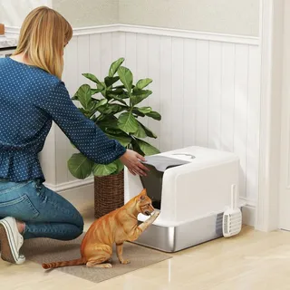 PawHut Katzenklo, mit Deckel, Wanne aus Edelstahl, eingebauter Streufilter, inklusive Streuschaufel, für Katzen bis 6 kg, Weiß