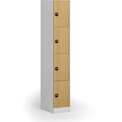 Schließfachschrank, 4 Fächer, 1850 x 300 x 500 mm, RFID-Schloss, laminierte Tür, Buche