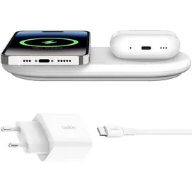 Belkin BoostCharge Pro kabellose 2-in-1-Ladestation mit Qi2, 15W, Schnellladegerät, Wireless Charger für iPhone 17, Air, 16, Pixelsnap, AirPods und MagSafe-fähigen Geräten – Weiß