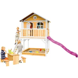 Axi Marc Spielhaus Braun - Weiß mit Lila Rutsche 212 x 432 x 293 cm