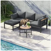 Flieks Gartenlounge-Set, 4-Sitzer Gartenmöbel Balkonset mit verzinktem Stahl + Glastischplatte grau
