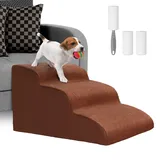 Lannvan Hundetreppe für Kleine Hunde, 3 Stufen Haustiertreppe Katzentreppe, Hunderampe aus Schwamm für Sofa Bett, Hunde Treppen mit Abnehmbarer Bezug, Waschbar Haustierleiter, Senden Fusselrolle,Braun