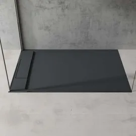 doporro Duschtasse Duschwanne 80x120x4 flach Mineralguss in Anthrazit inkl. Ablaufgarnitur AL06 DIN-Anschlüsse für bodenebene Montage geeignet Geoma04