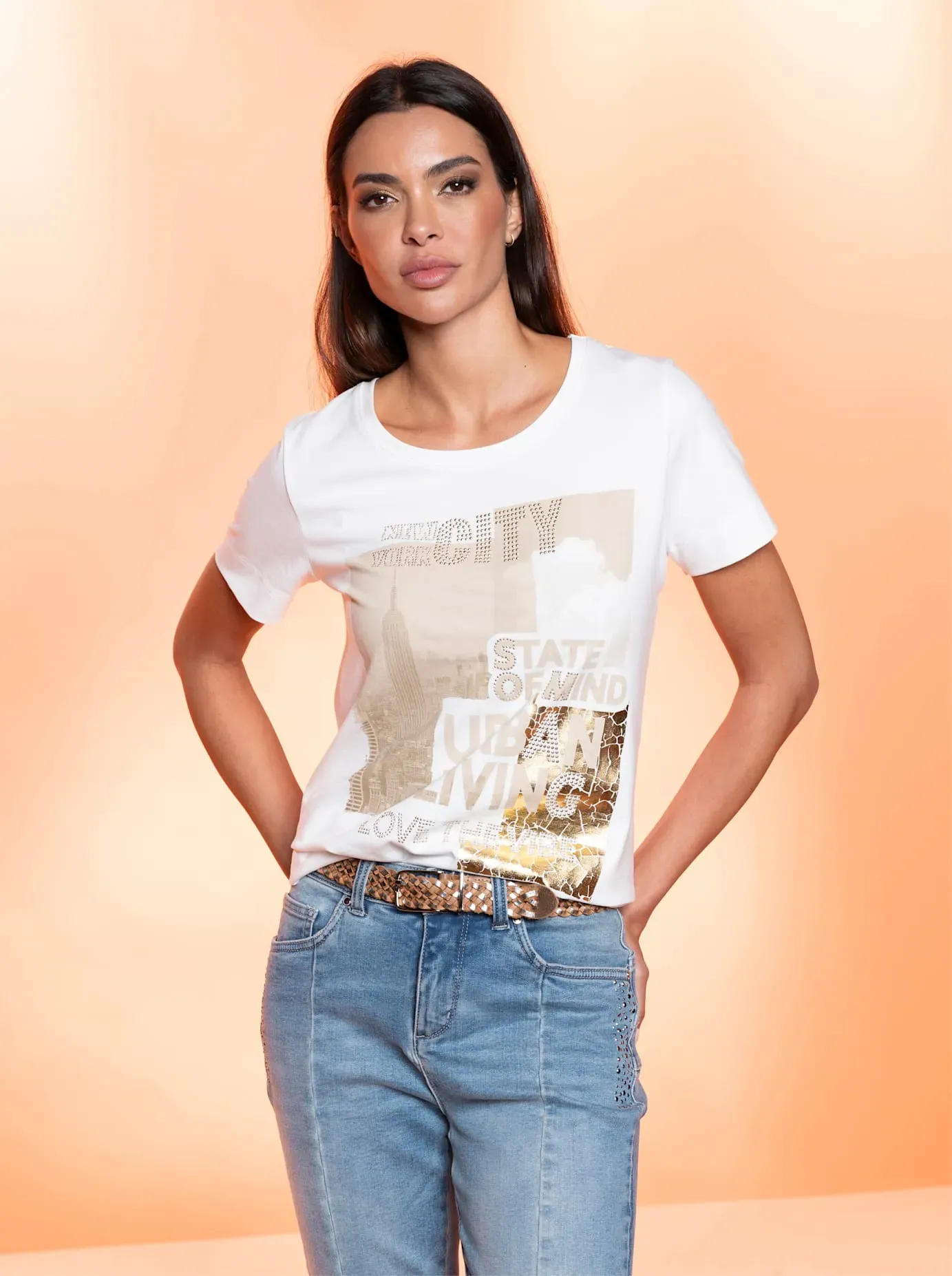 T-Shirt HEINE "Druck-Shirt" Gr. 38, beige (ecru, beige, bedruckt) Damen Shirts Jersey