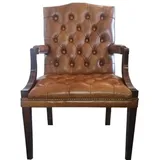 Casa Padrino Echtleder Esszimmerstuhl mit Armlehnen Braun / Dunkelbraun 60 x 60 x H. 100 cm - Chesterfield Möbel