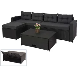 Poly-Rattan Garnitur MCW-J34, Balkon-/Garten-/Lounge-Set Sitzgruppe Sofa, Staufach ~ schwarz, Kissen dunkelgrau