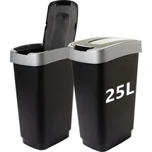 2friends 2er Set, 25L - Küchenmülleimer, Mülleimer Küche Abfalleimer mit Schwingdeckel - Schwarz/Silber - für Recycling & Mülltrennung, - Schwarz